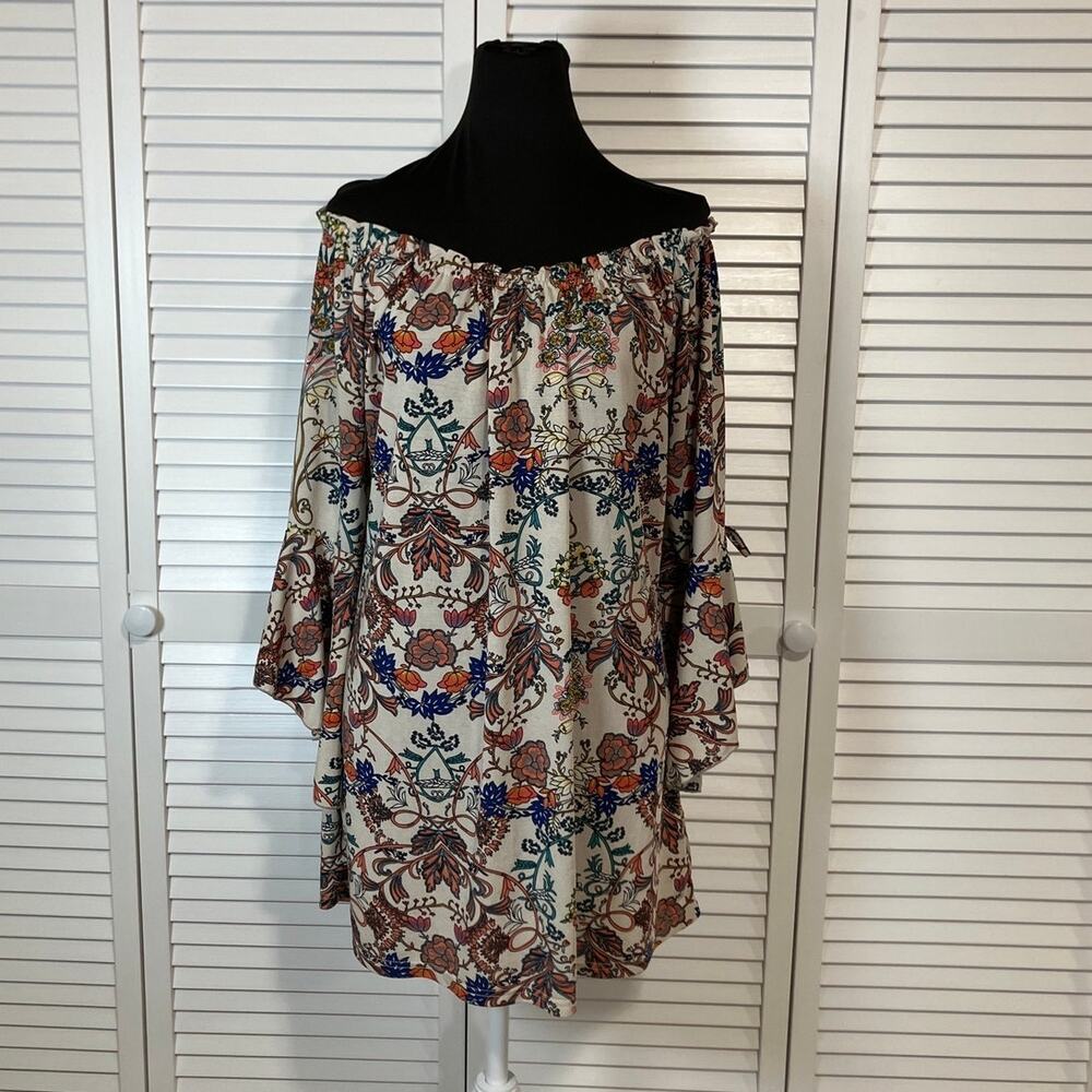 Win Win Bohemian Paisley Floral Off The Shoulder Tie Sleeve Tunic Blouse L